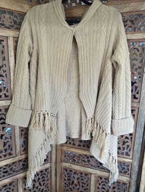 Ralph Lauren Cream Cable Knit Fringe Open-Front Cardigan